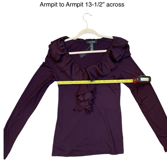 Lauren By Ralph Lauren. V-neckline Top With Ruffle Detail. Burgundy. Size Small - Picture 8 of 14